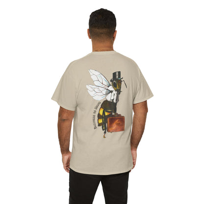 Bee Wearing A Top Hat And Briefcase | Unisex Natural/Sand/Gold Cotton Tees | Buzziness as Usual