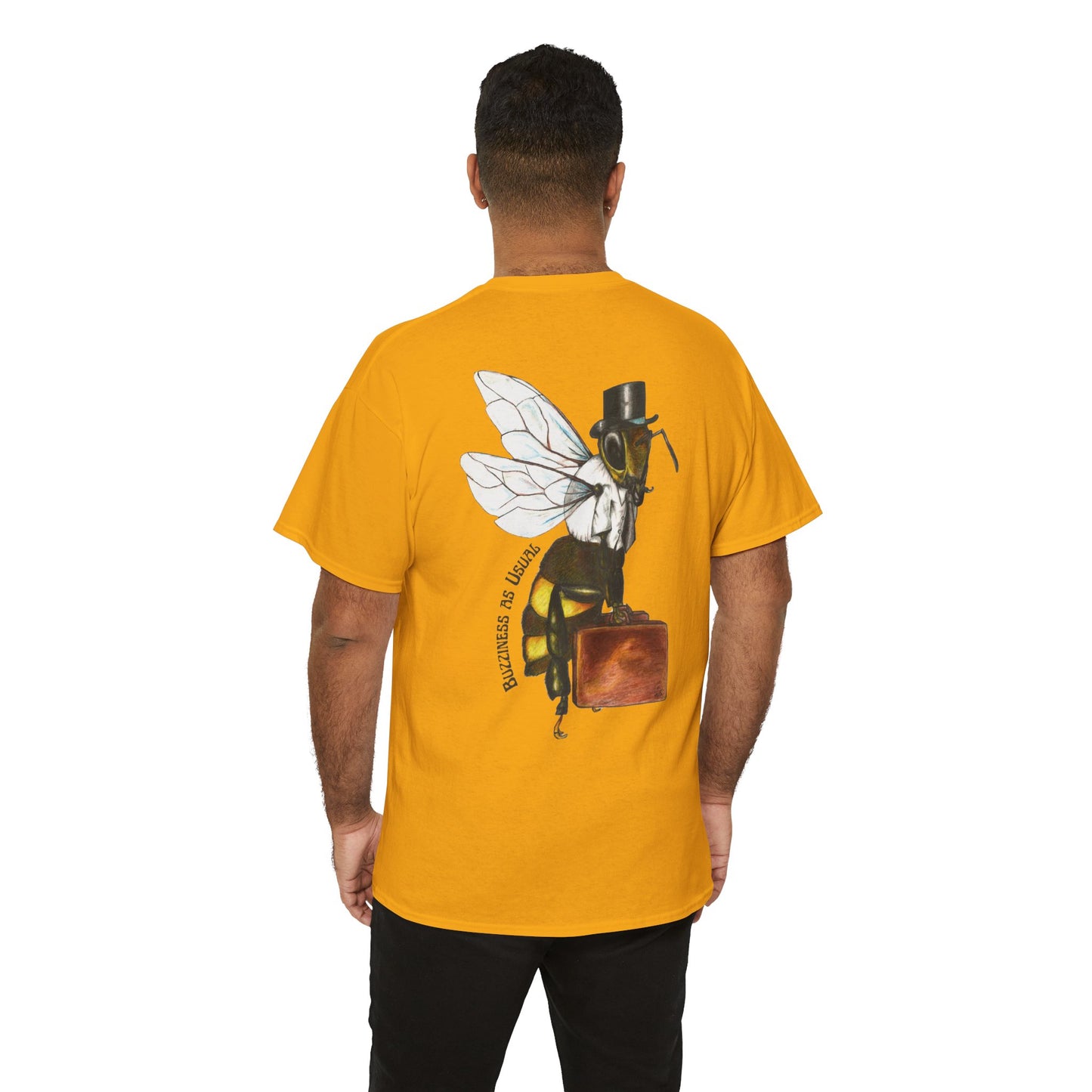Bee Wearing A Top Hat And Briefcase | Unisex Natural/Sand/Gold Cotton Tees | Buzziness as Usual