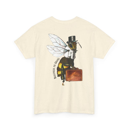 Bee Wearing A Top Hat And Briefcase | Unisex Natural/Sand/Gold Cotton Tees | Buzziness as Usual