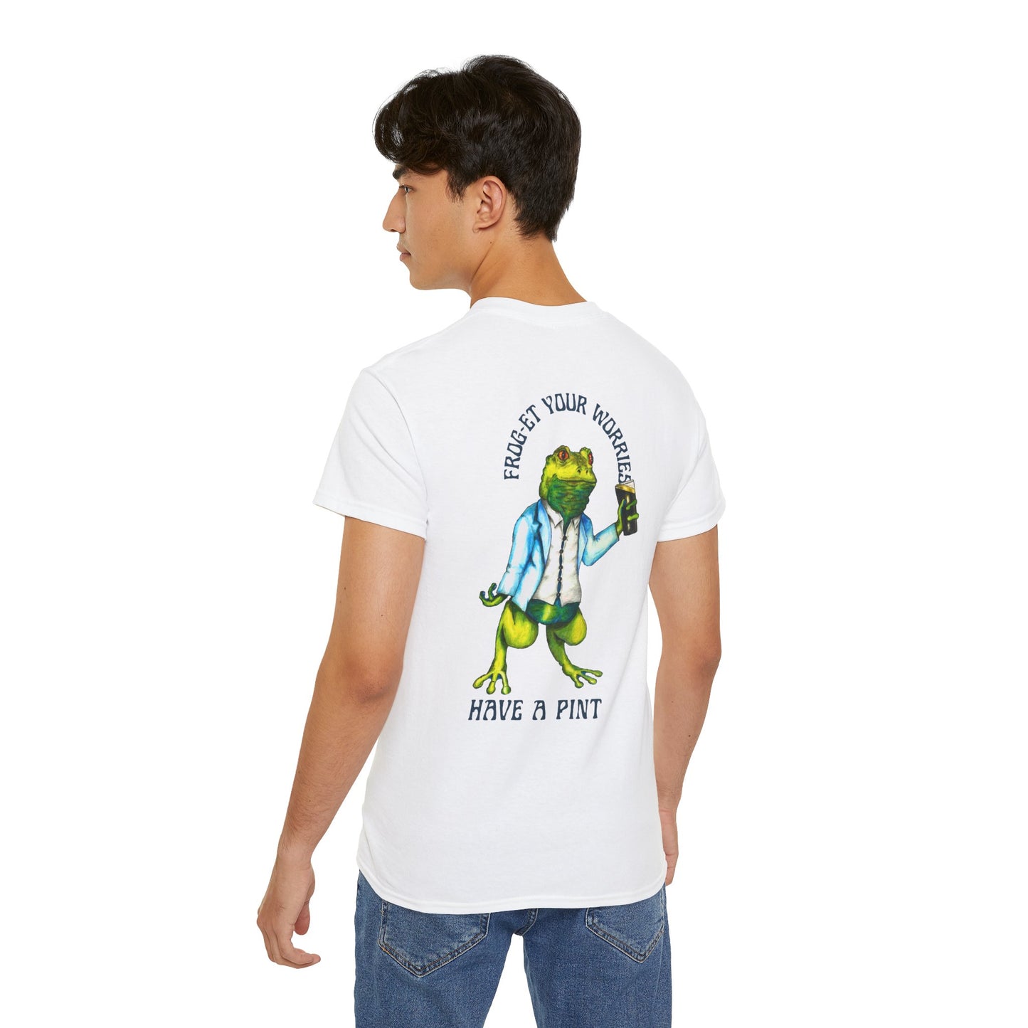 Frog Graphic Tee Shirt 'Froget Your Worries' Funny Drink Pun Unisex | Blue Typology Option