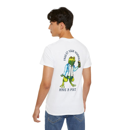 Frog Graphic Tee Shirt 'Froget Your Worries' Funny Drink Pun Unisex | Blue Typology Option