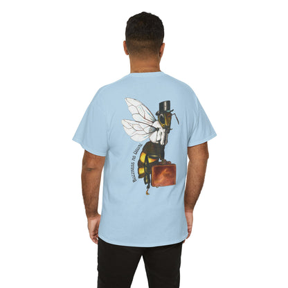 Bee Wearing A Top Hat And Briefcase | Unisex Natural/Sand/Gold Cotton Tees | Buzziness as Usual