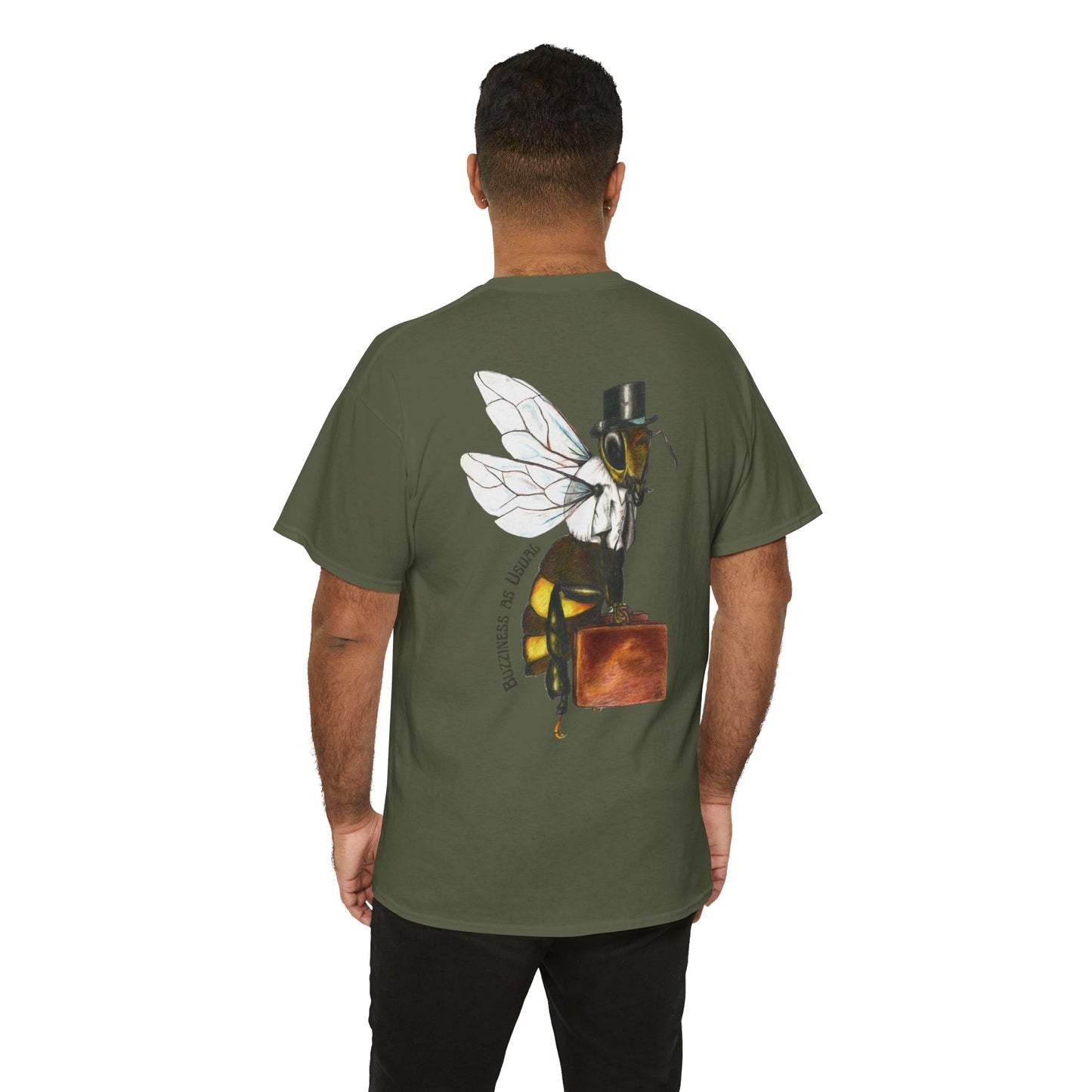 Bee Wearing A Top Hat And Briefcase | Unisex Natural/Sand/Gold Cotton Tees | Buzziness as Usual