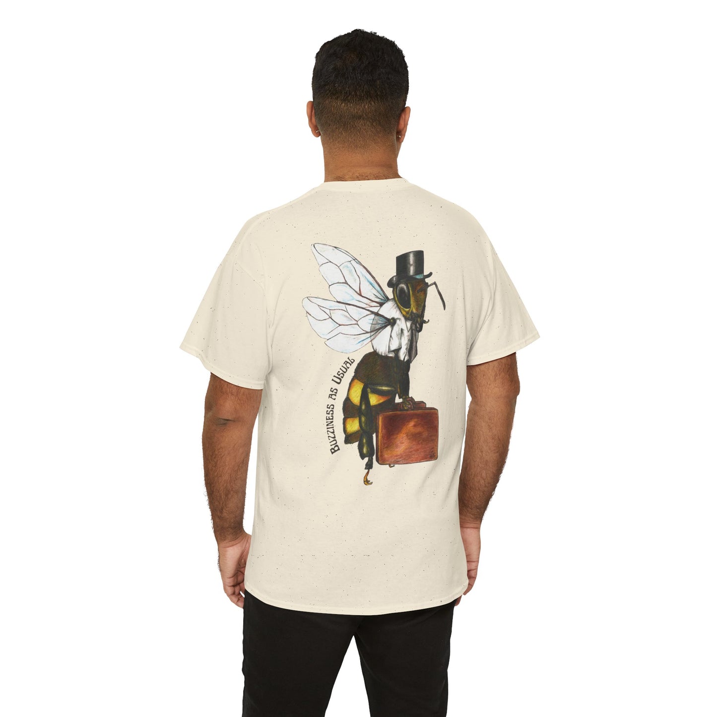 Bee Wearing A Top Hat And Briefcase | Unisex Natural/Sand/Gold Cotton Tees | Buzziness as Usual