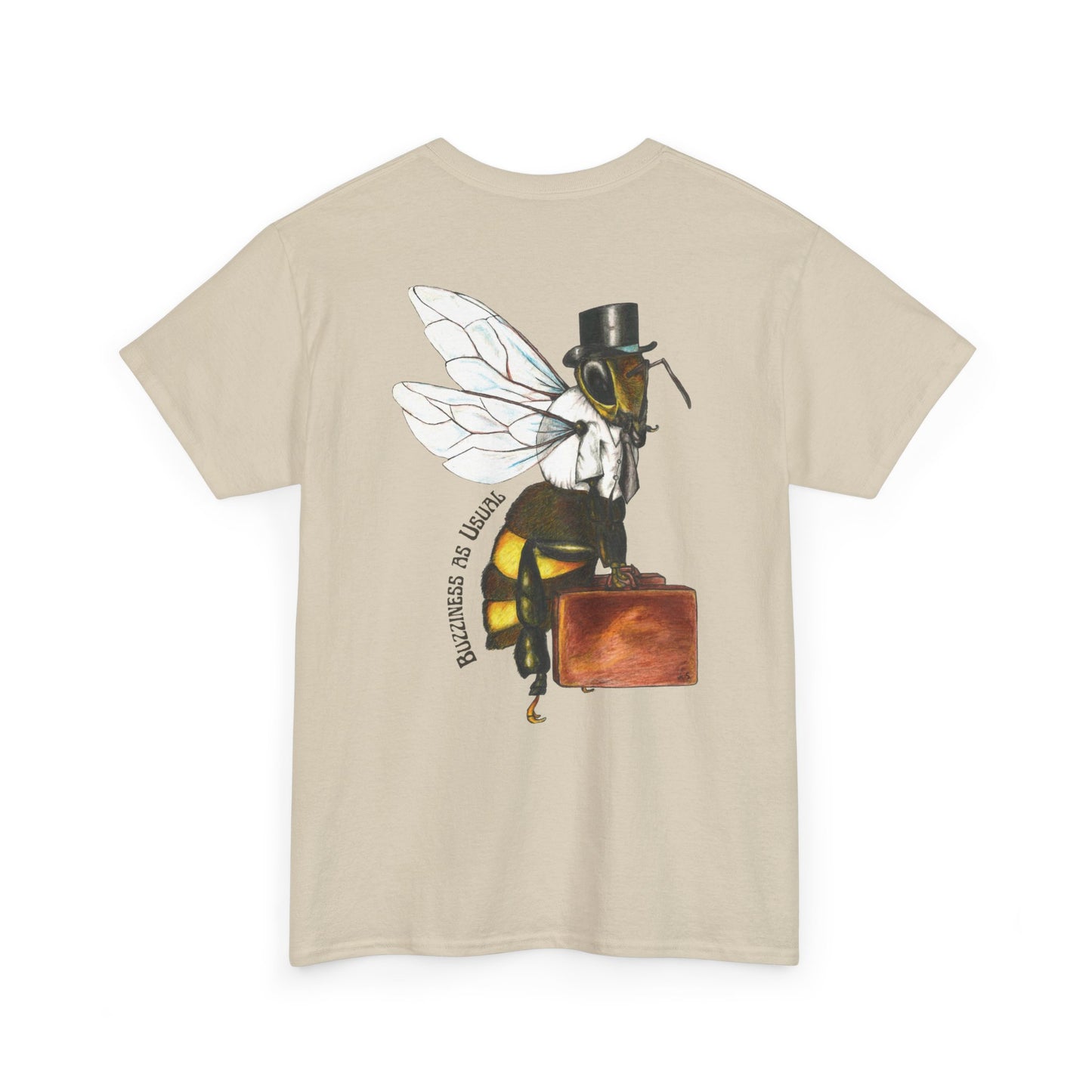 Bee Wearing A Top Hat And Briefcase | Unisex Natural/Sand/Gold Cotton Tees | Buzziness as Usual