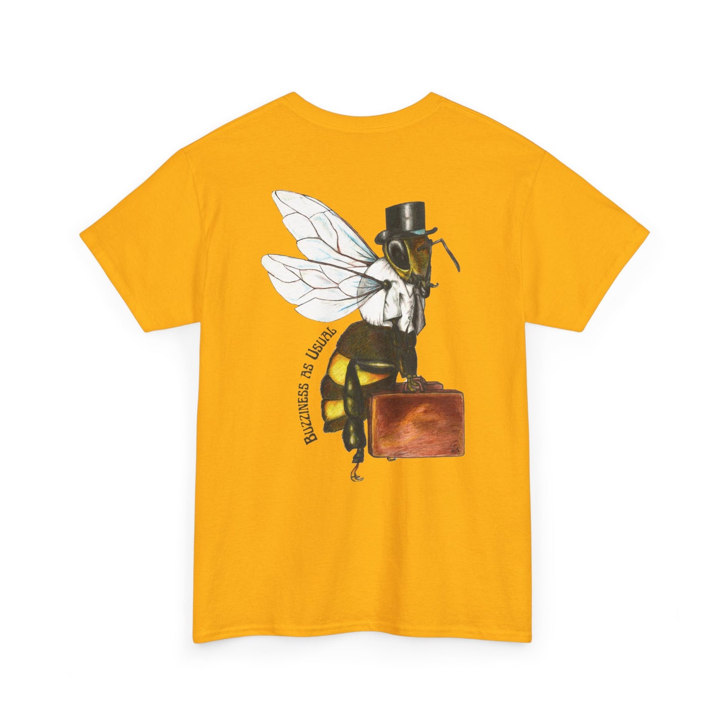 Bee Wearing A Top Hat And Briefcase | Unisex Natural/Sand/Gold Cotton Tees | Buzziness as Usual