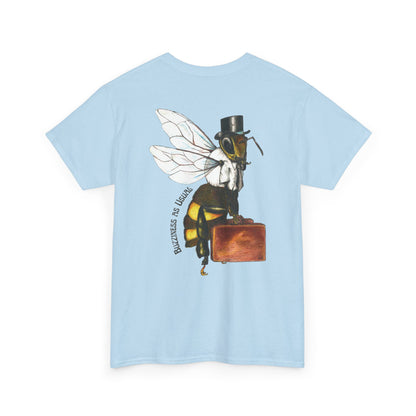 Bee Wearing A Top Hat And Briefcase | Unisex Natural/Sand/Gold Cotton Tees | Buzziness as Usual